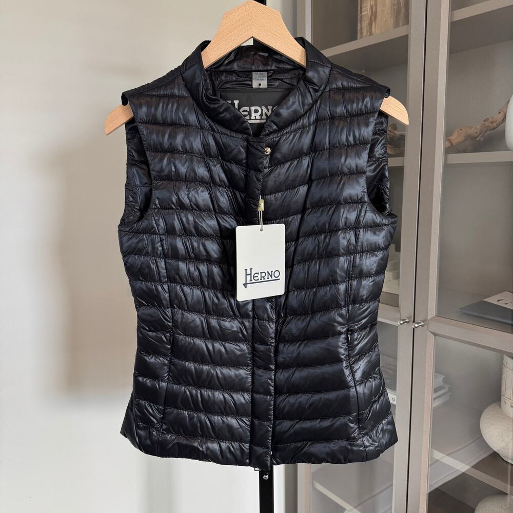 Herno Black Quilted Lightweight Down Vest with Stand Collar